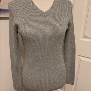 Basic Editions Women's Silver V-Neck Sweater